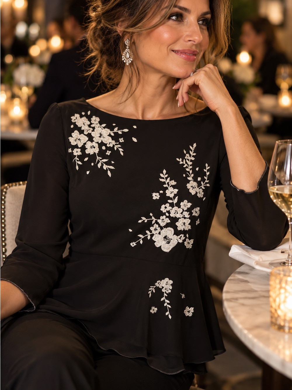 White House Black Market Black Embroidered Floral
Peplum Blouse Top Size 2